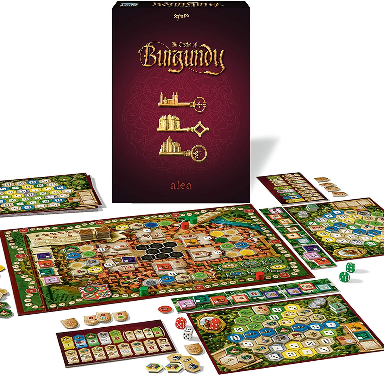 A depiction of the Castles Of Burgundy game box with a setup for four players.