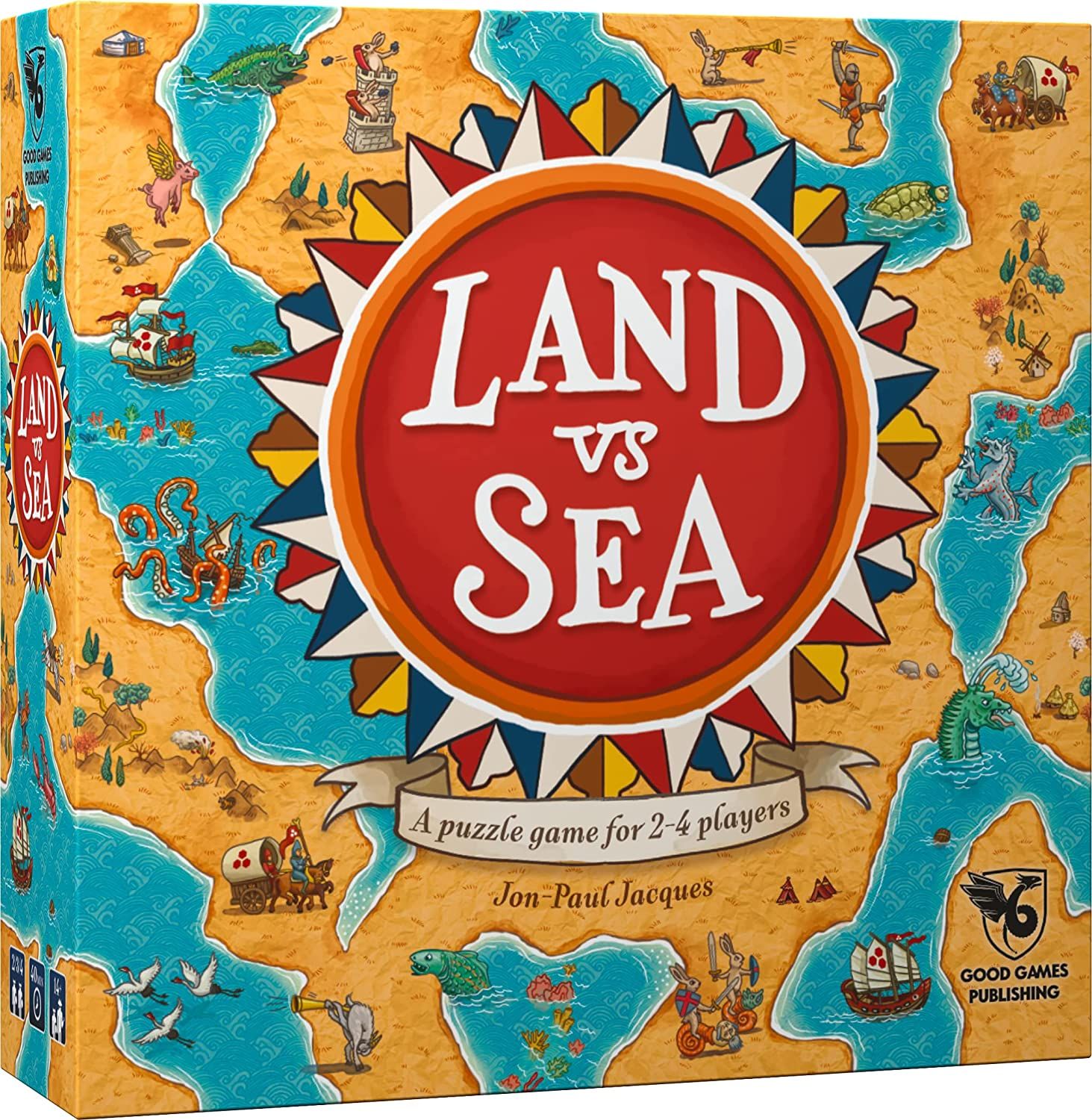 The Land Vs Sea game box features a giant logo of the game title and a game-style map.