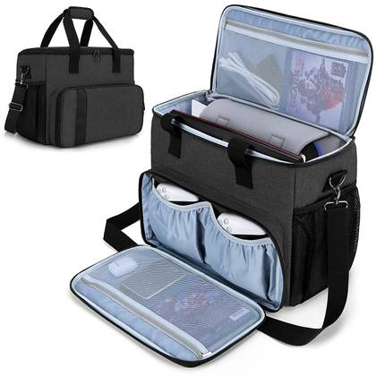 The CURMIO Console Carrying Case pictured closed and open with a console, two controllers, and other supporting gear inside.