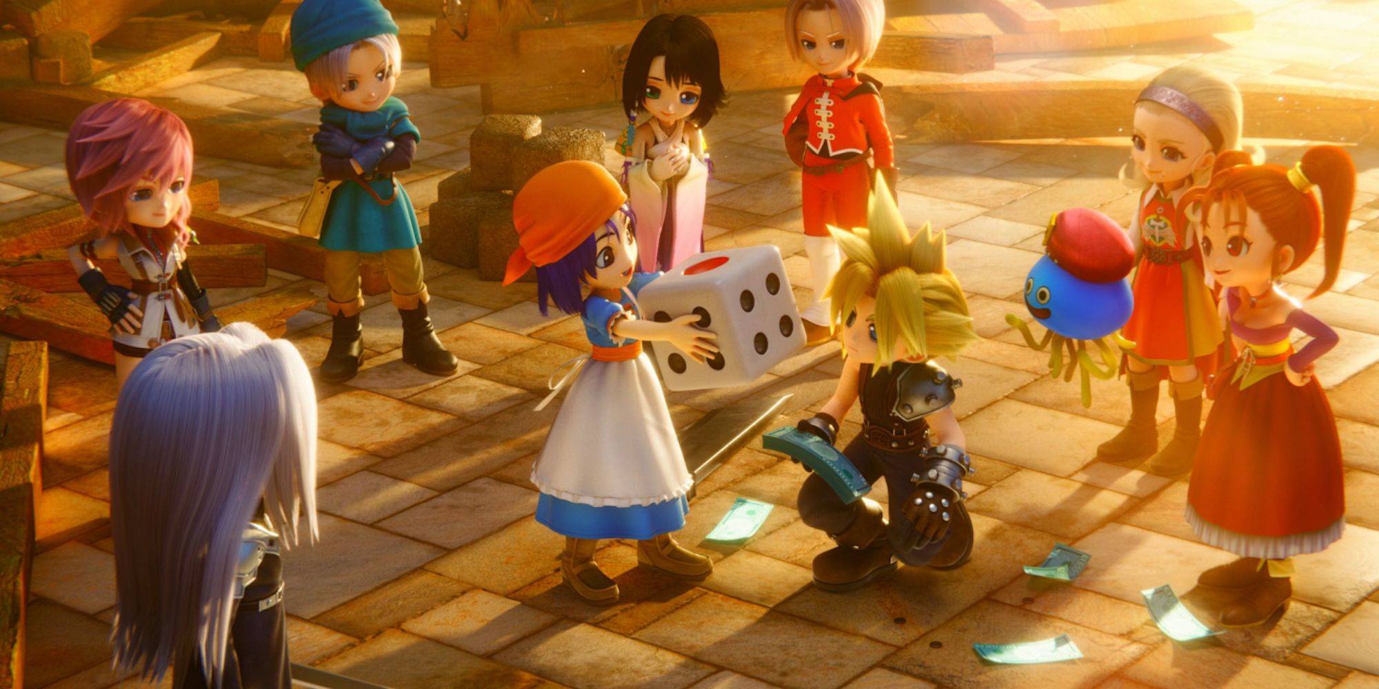 A cutscene featuring characters in Itadaki Street Dragon Quest and Final Fantasy 30th Anniversary