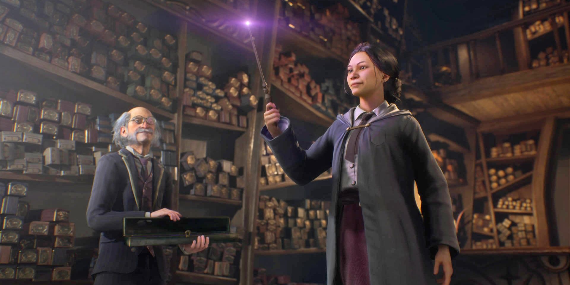 A student yielding a wand with a teacher beside her in Hogwarts Legacy