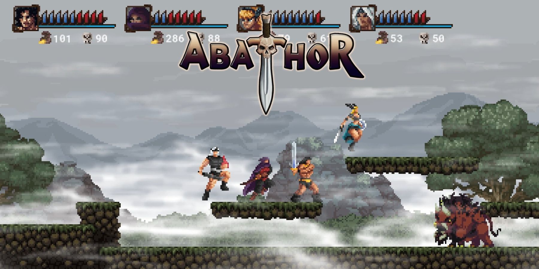 Abathor heroes are fighting a boar monster in the misty forest