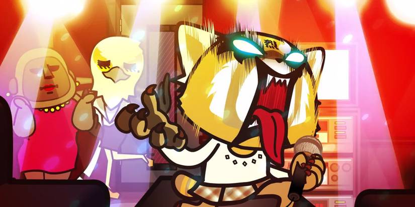 Retsuko singing while her bosses dance