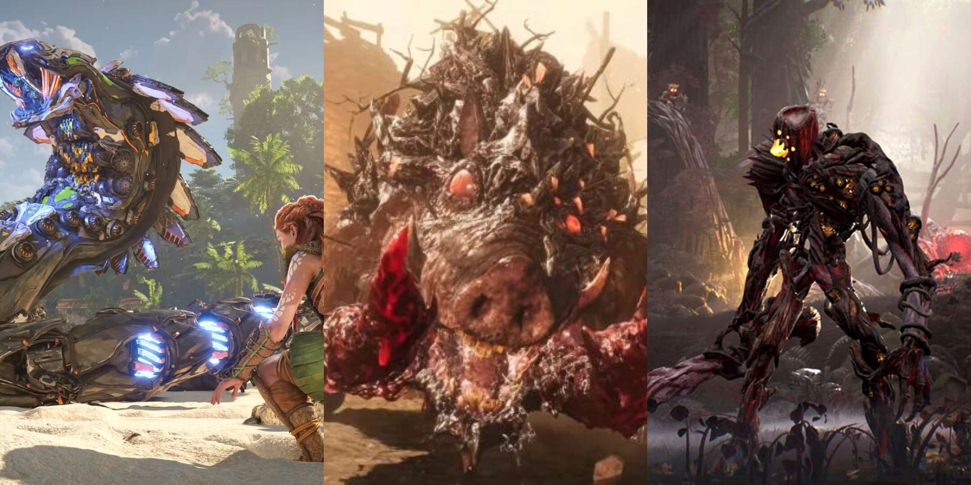 Aloy and monster in Horizon Zero Dawn & Forbidden West, monster in Wo Long Fallen Dynasty, Kena and monster in Kena Bridge Of Spirits