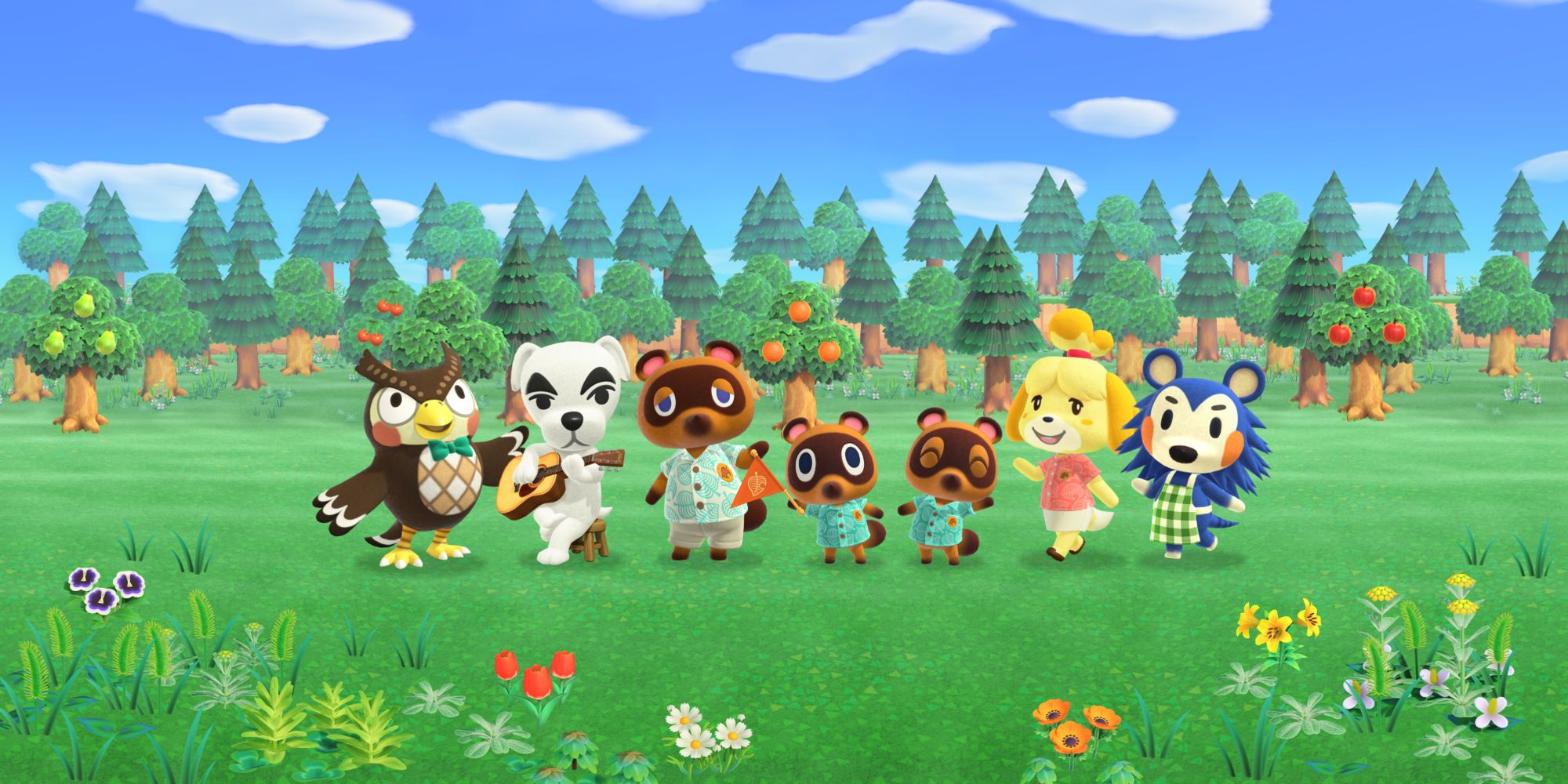 Animal Crossing Core Characters Blathers, KK Slider, Tom Nook, Timmy and Tommy, Isabelle, and Sable