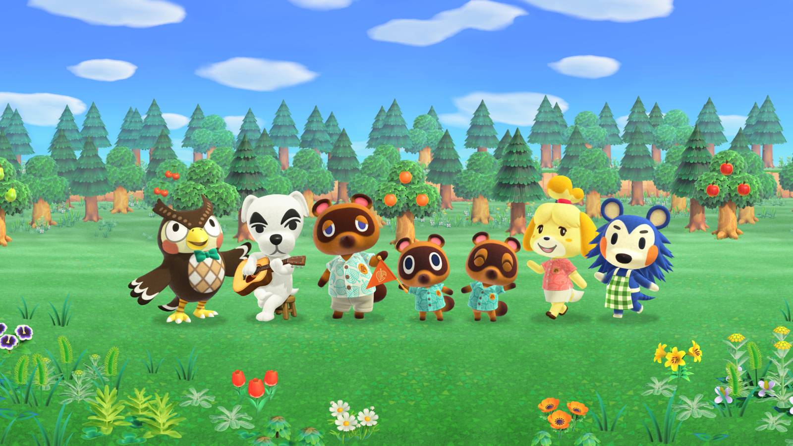 Animal Crossing Core Characters Blathers, KK Slider, Tom Nook, Timmy and Tommy, Isabelle, and Sable