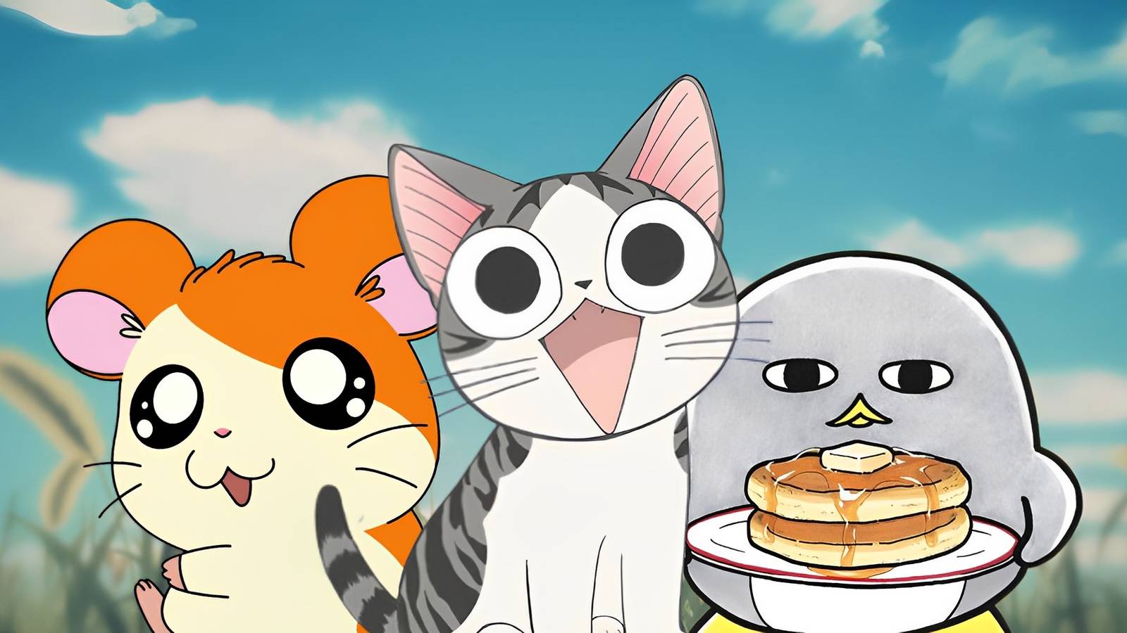 Pets from Hamtaro, Chi's Sweet Home, and Penguin & House in a field of cattails 