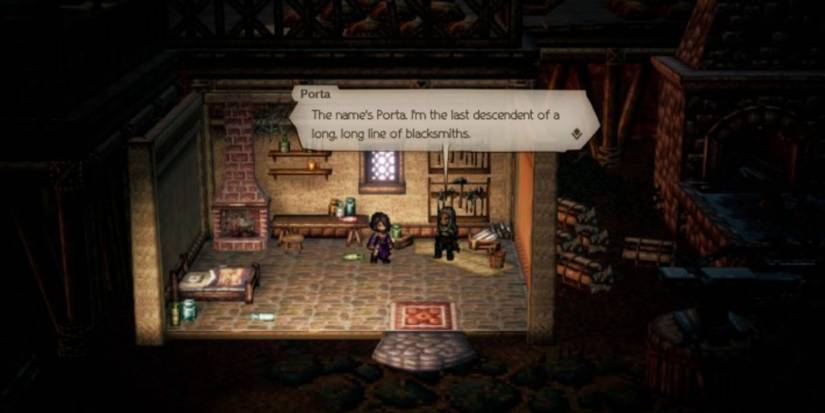 Porta giving the Armsmaster Licence in Octopath Traveler 2