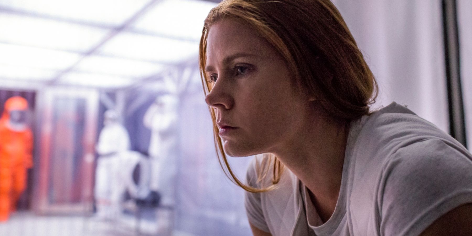 Amy Adams looking serious as Louise Banks in Arrival