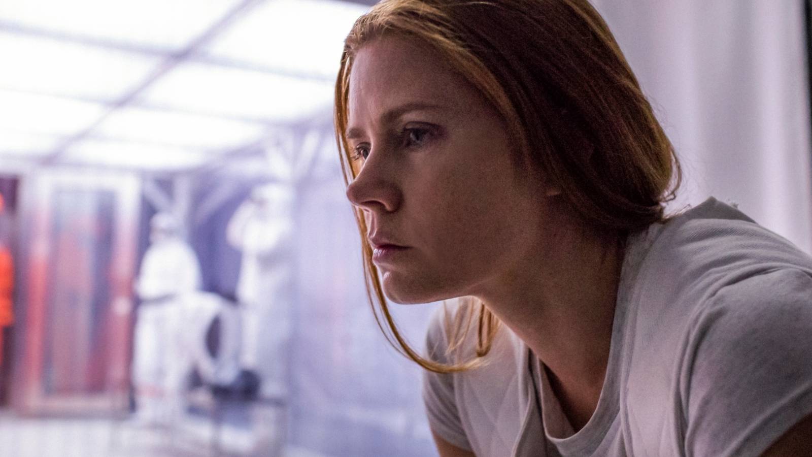 Amy Adams looking serious as Louise Banks in Arrival