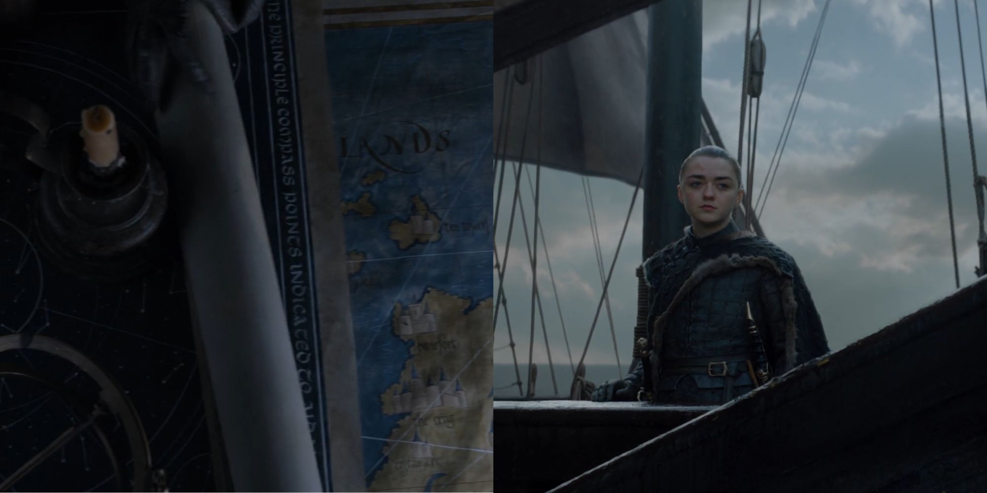 Feature image showing Westeros maps and Arya Stark sailing the Sunset Sea in Game of Thrones.
