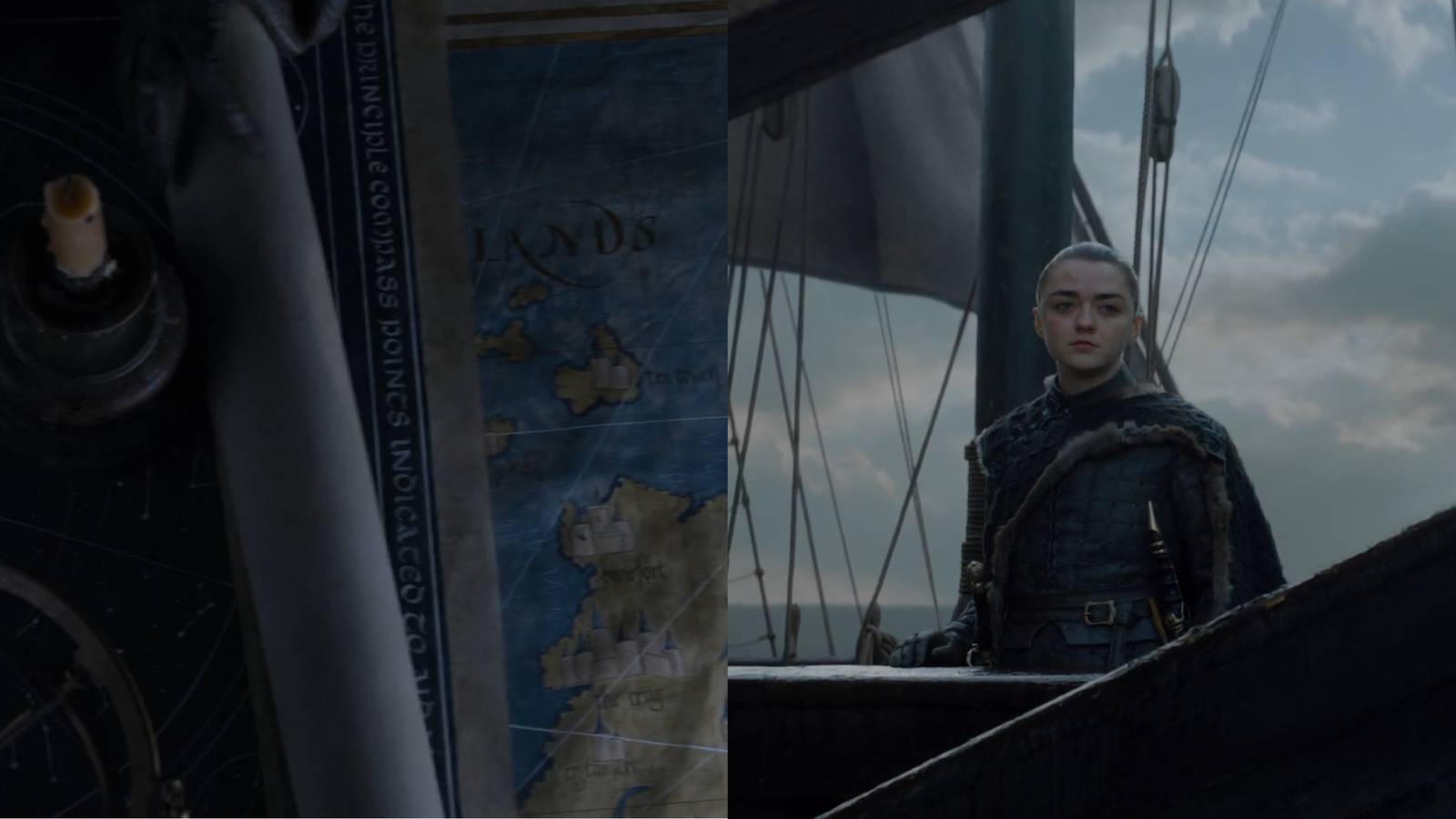 Feature image showing Westeros maps and Arya Stark sailing the Sunset Sea in Game of Thrones.