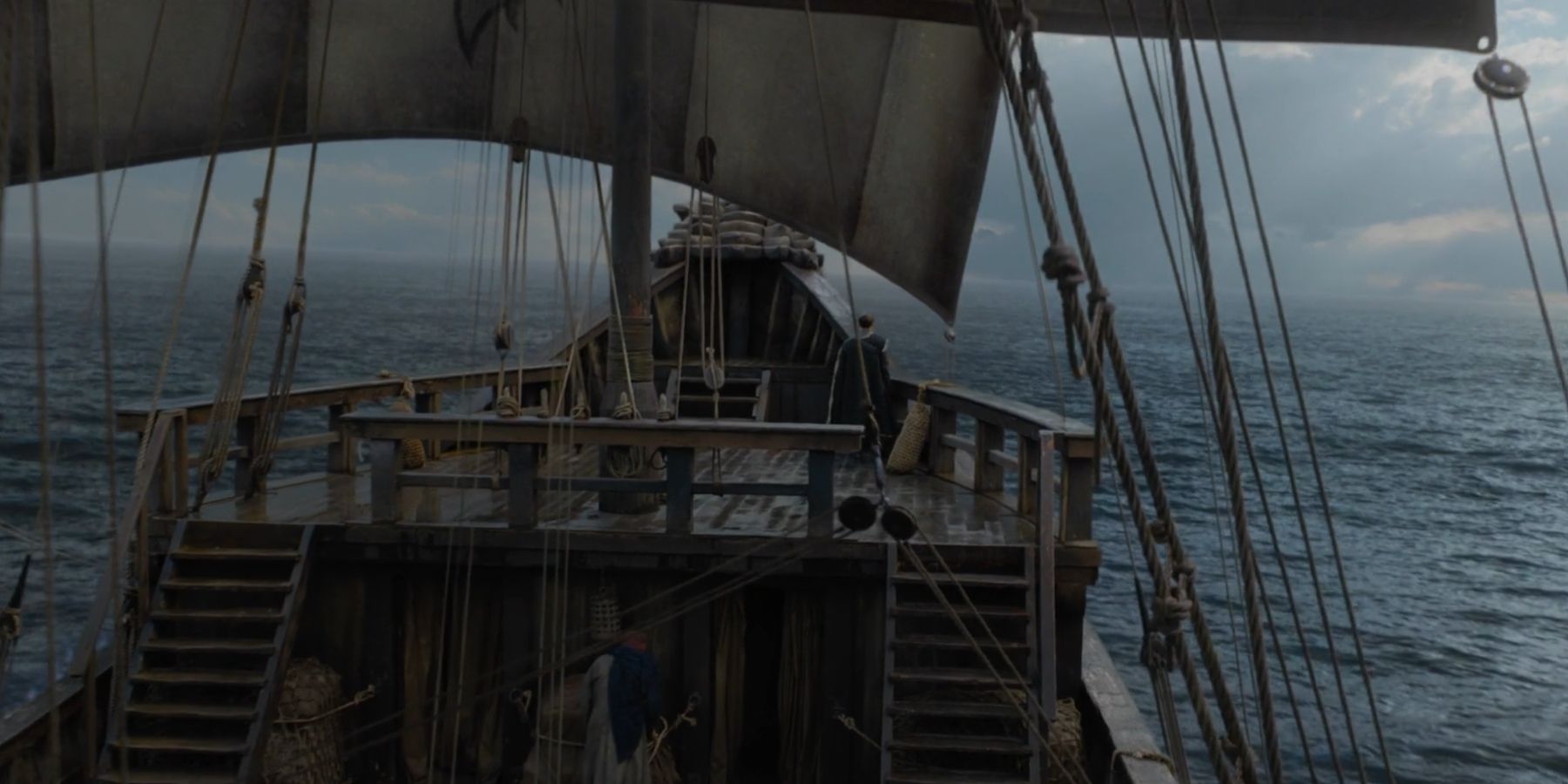 Arya Stark sailing the Sunset Sea in Game of Thrones.