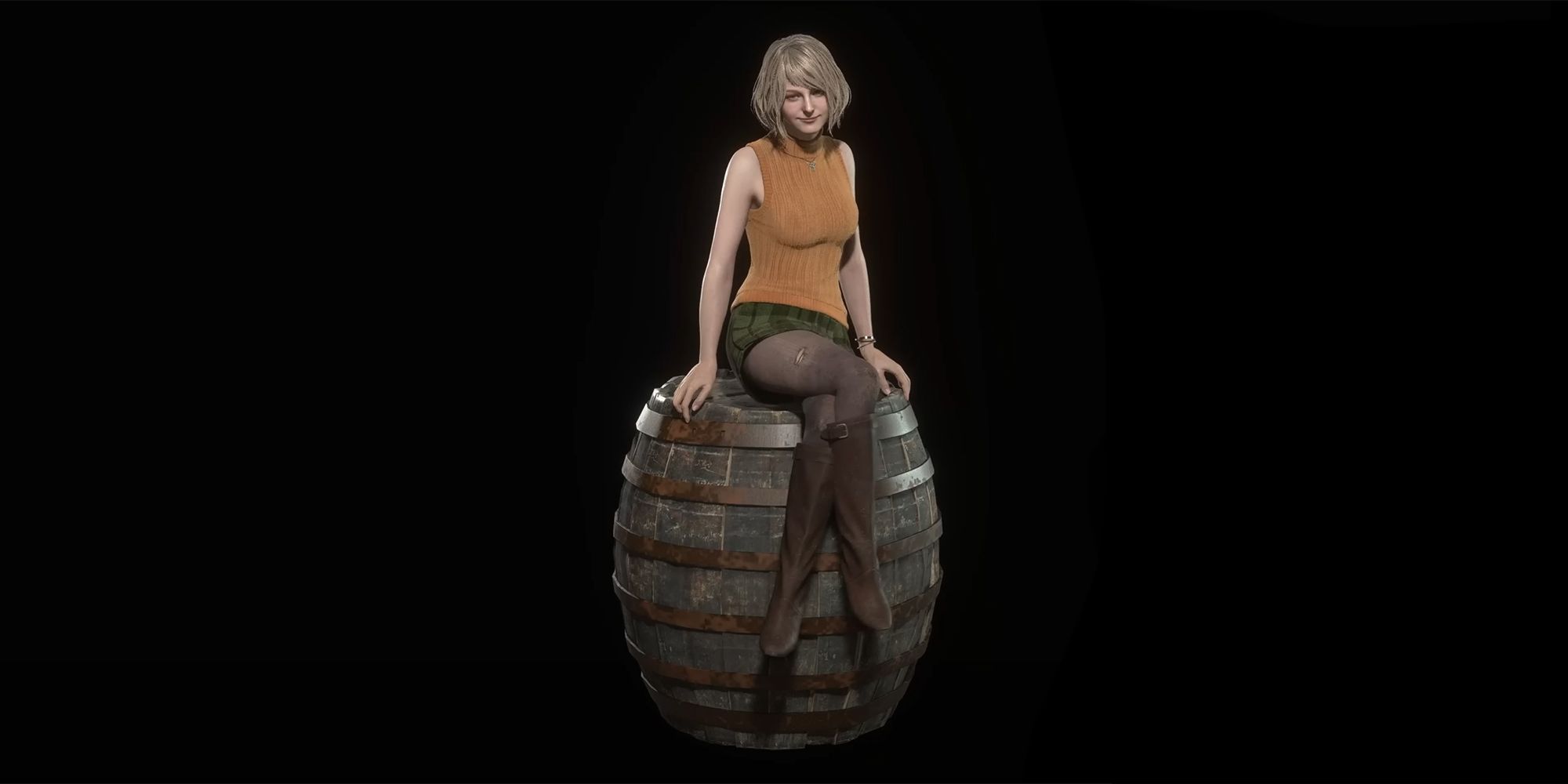 Ashley sits on a barrel RE4