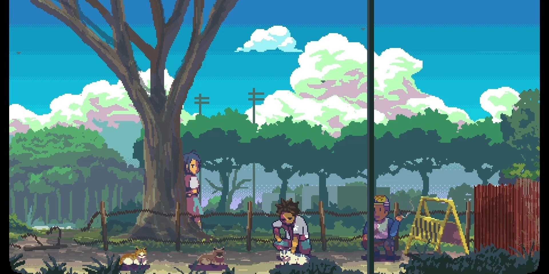 An individual petting cats on the ground while someone looks on behind a tree in A Space for the Unbound