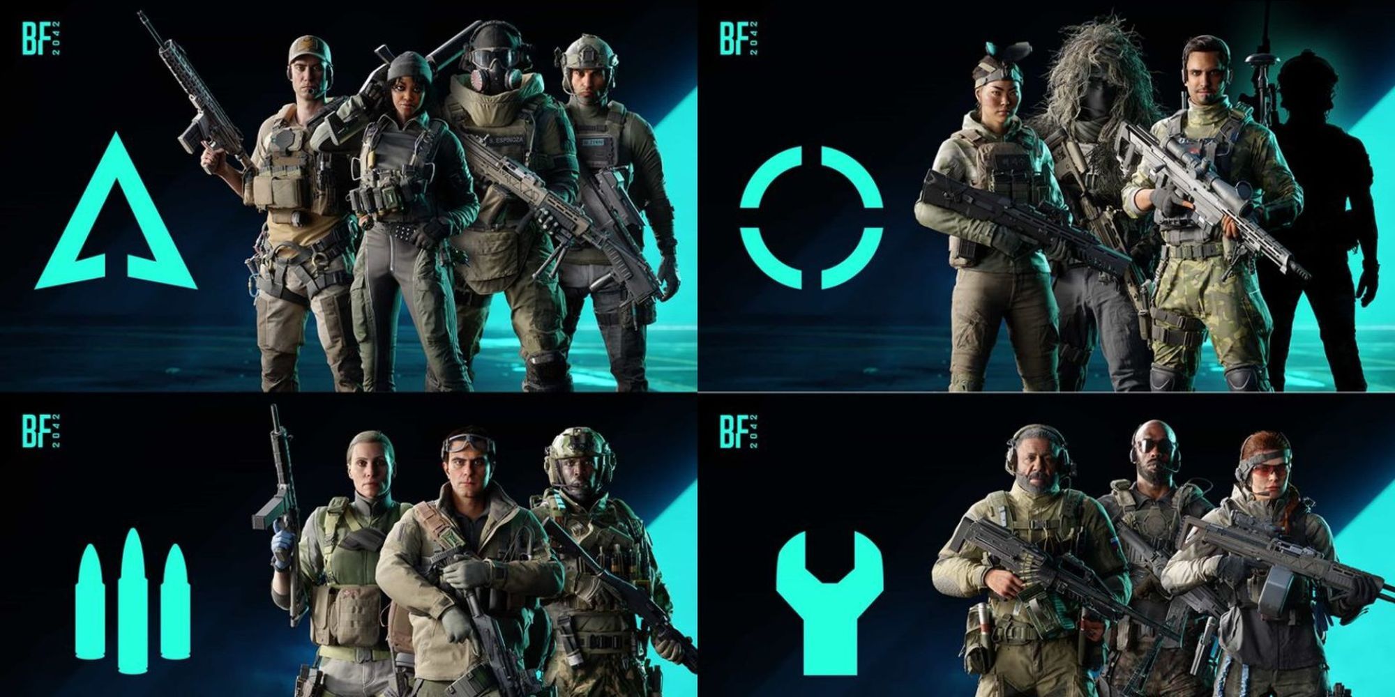 A four-image grid showing the four different classes for Battlefield 2042