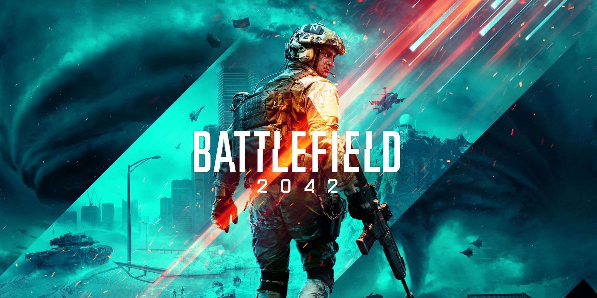 The cover image for Battlefield 2042 showing a soldier with his back turned with a warzone in the background 