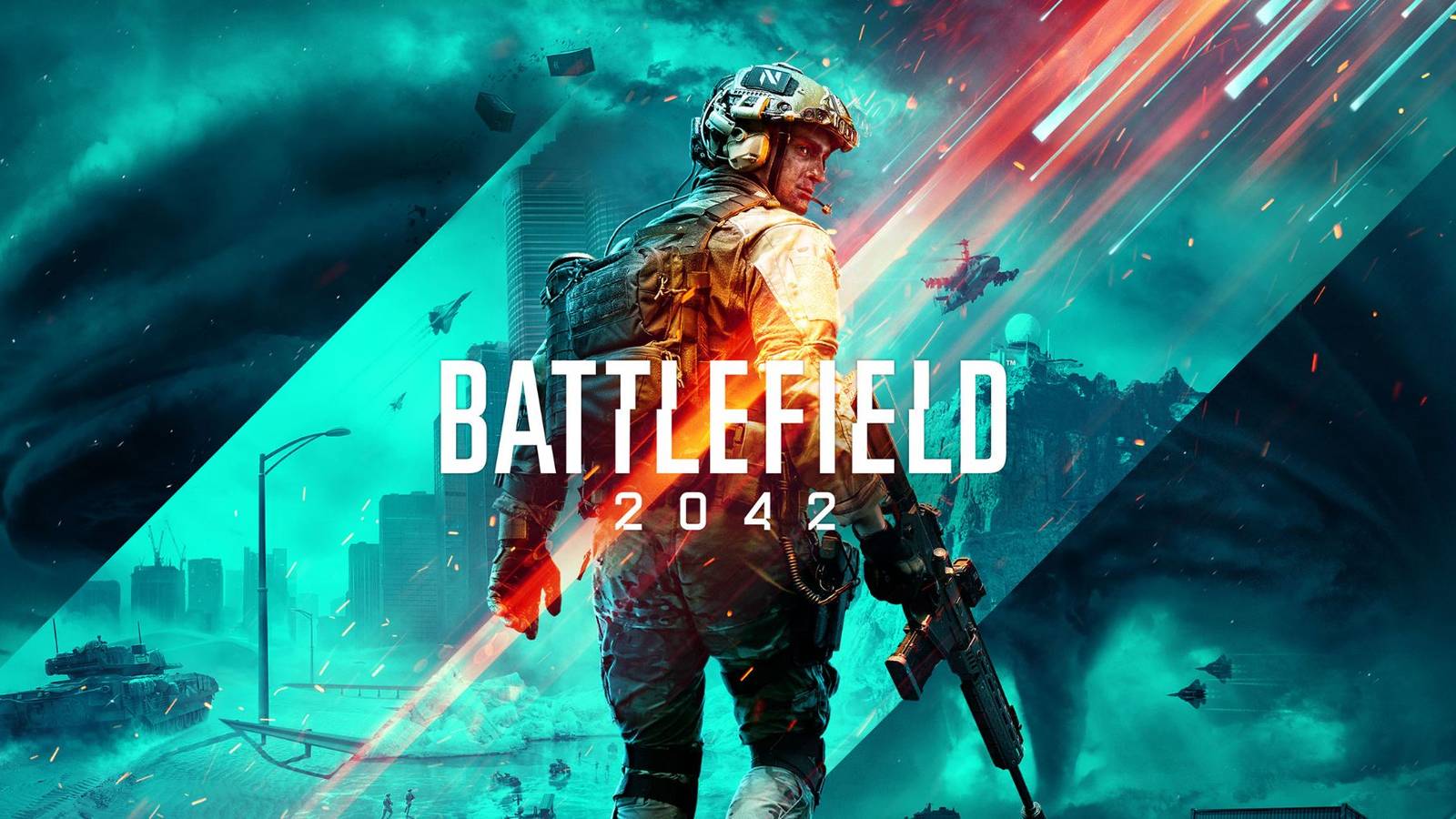 The cover image for Battlefield 2042 showing a soldier with his back turned with a warzone in the background 