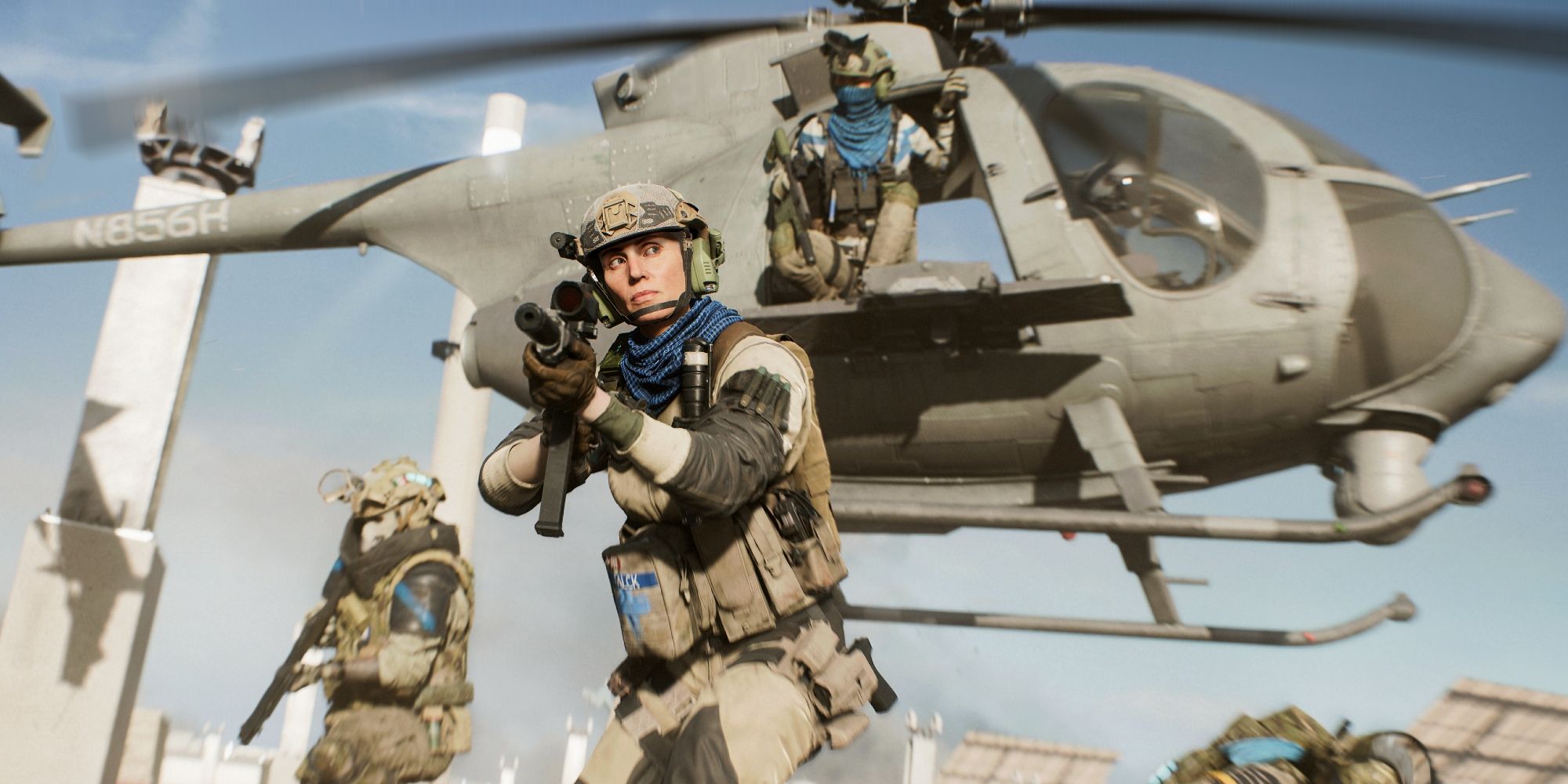 Soldiers disembarking from a military helicopter in Battlefield 2042