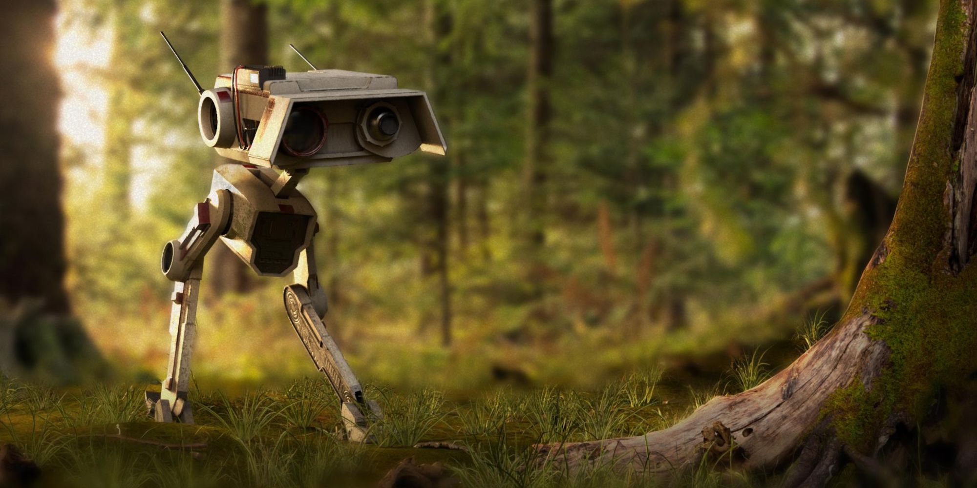 Star Wars droid BD-1 walking through the grass in a forest. There are trees in the background