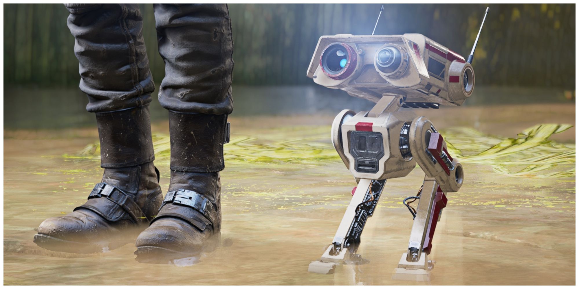 Jedi: Fallen Order's BD-1 standing next to Cal Kestis' feet in shallow water