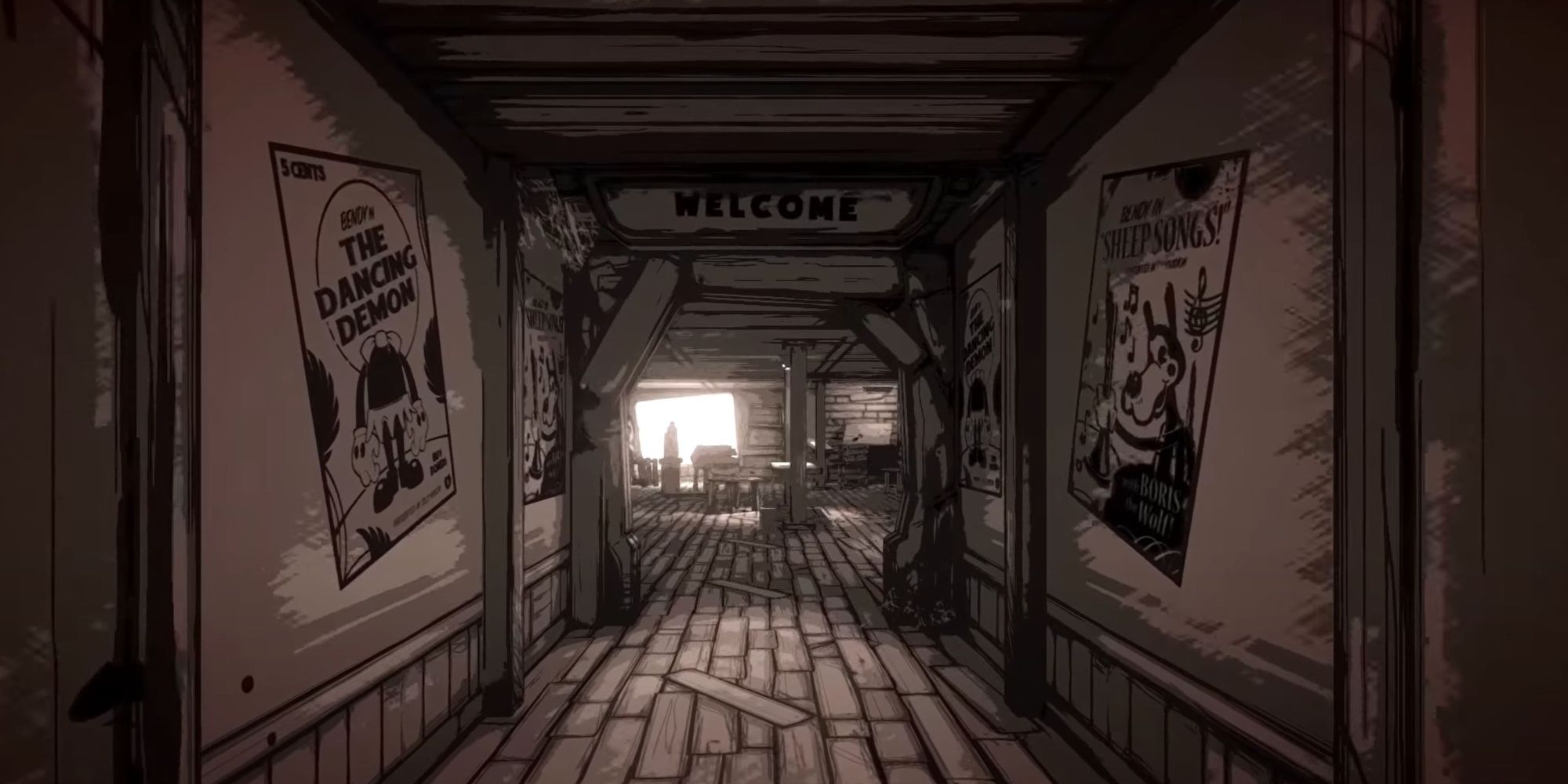 The start of Bendy and the Ink Machine in black and white