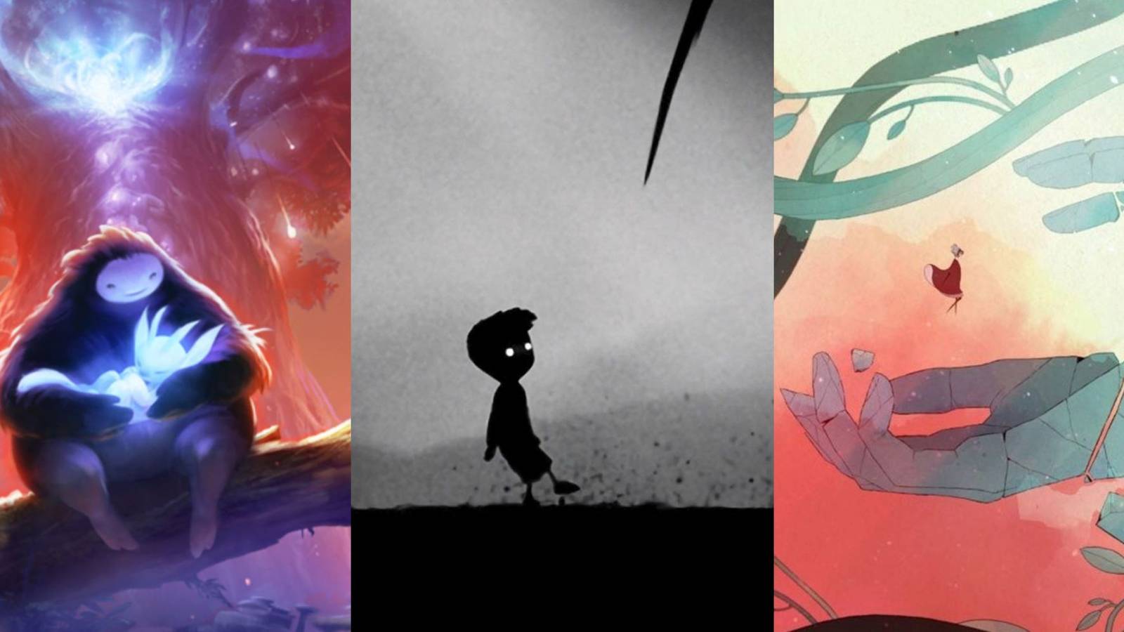 A split image with pictures from Ori and the Blind Forest, Limbo, and Gris