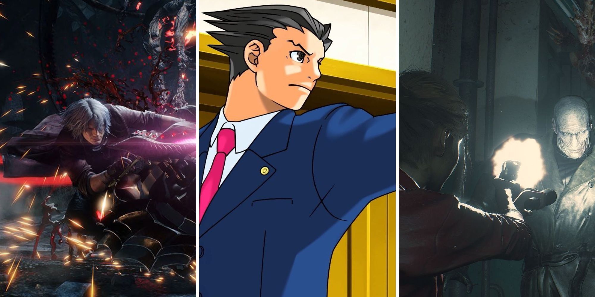A grid showing the best PS4 Capcom games Devil May Cry 5, Phoenix Wright: Ace Attorney Trilogy, and Resident Evil 2
