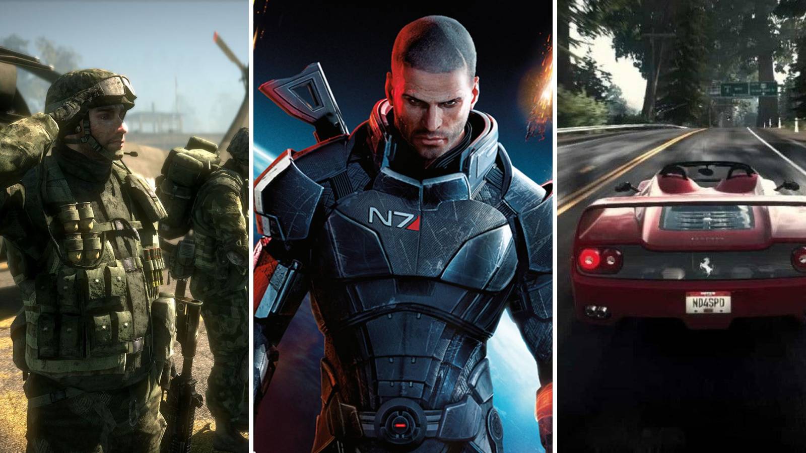 A grid showing the EA PS3 games Battlefield: Bad Company, Mass Effect 3, and Need For Speed: Hot Pursuit