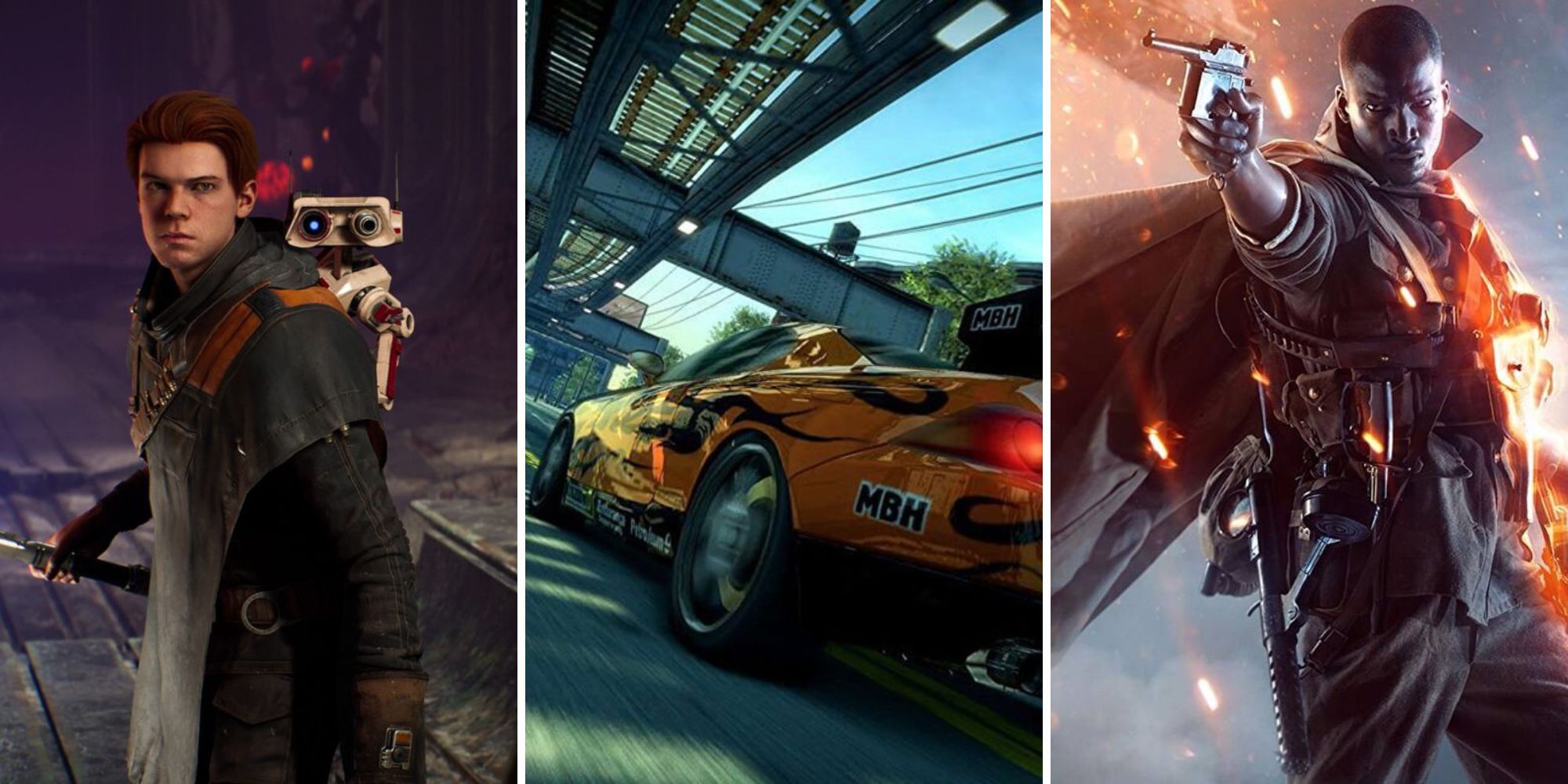 A grid of three EA  PS4 games Star Wars Jedi: Fallen Order, Burnout Paradise: Remastered, and Battlefield 1