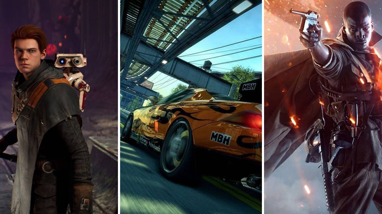 A grid of three EA  PS4 games Star Wars Jedi: Fallen Order, Burnout Paradise: Remastered, and Battlefield 1