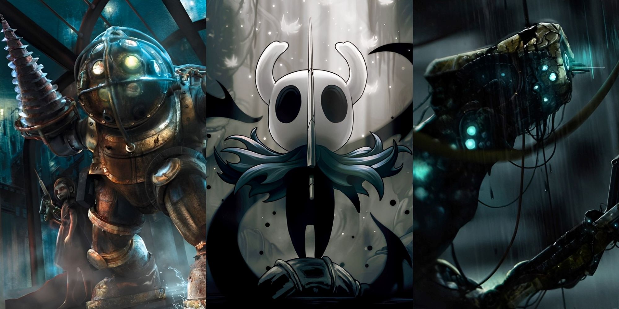 A split image with characters from Bioshock, Hollow Knight, and Soma