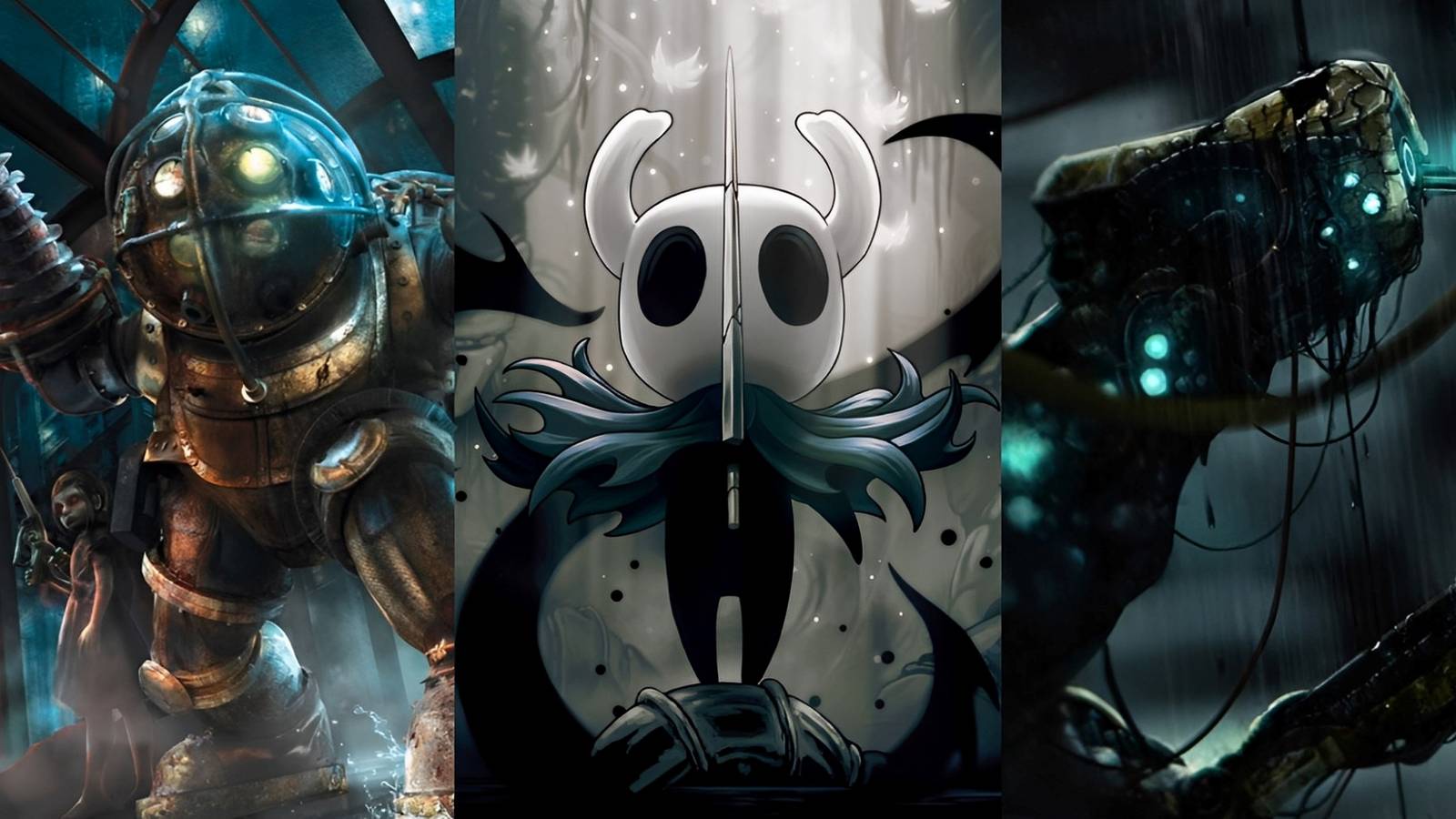 A split image with characters from Bioshock, Hollow Knight, and Soma
