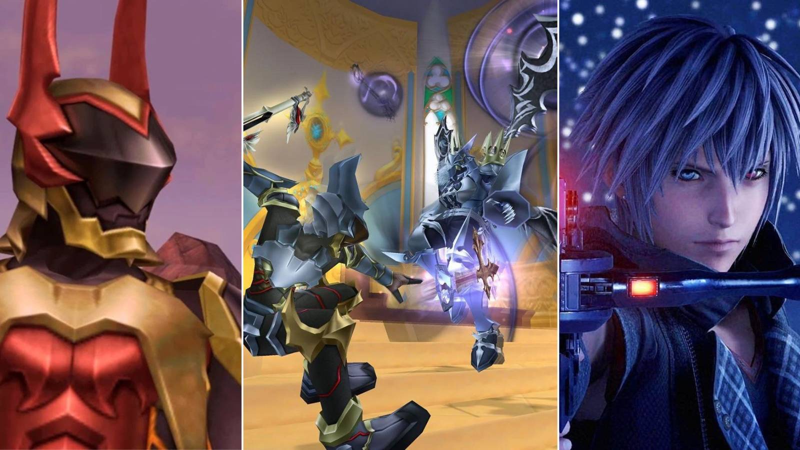 split image of the lingering will, ventus fighting no name, and yozora