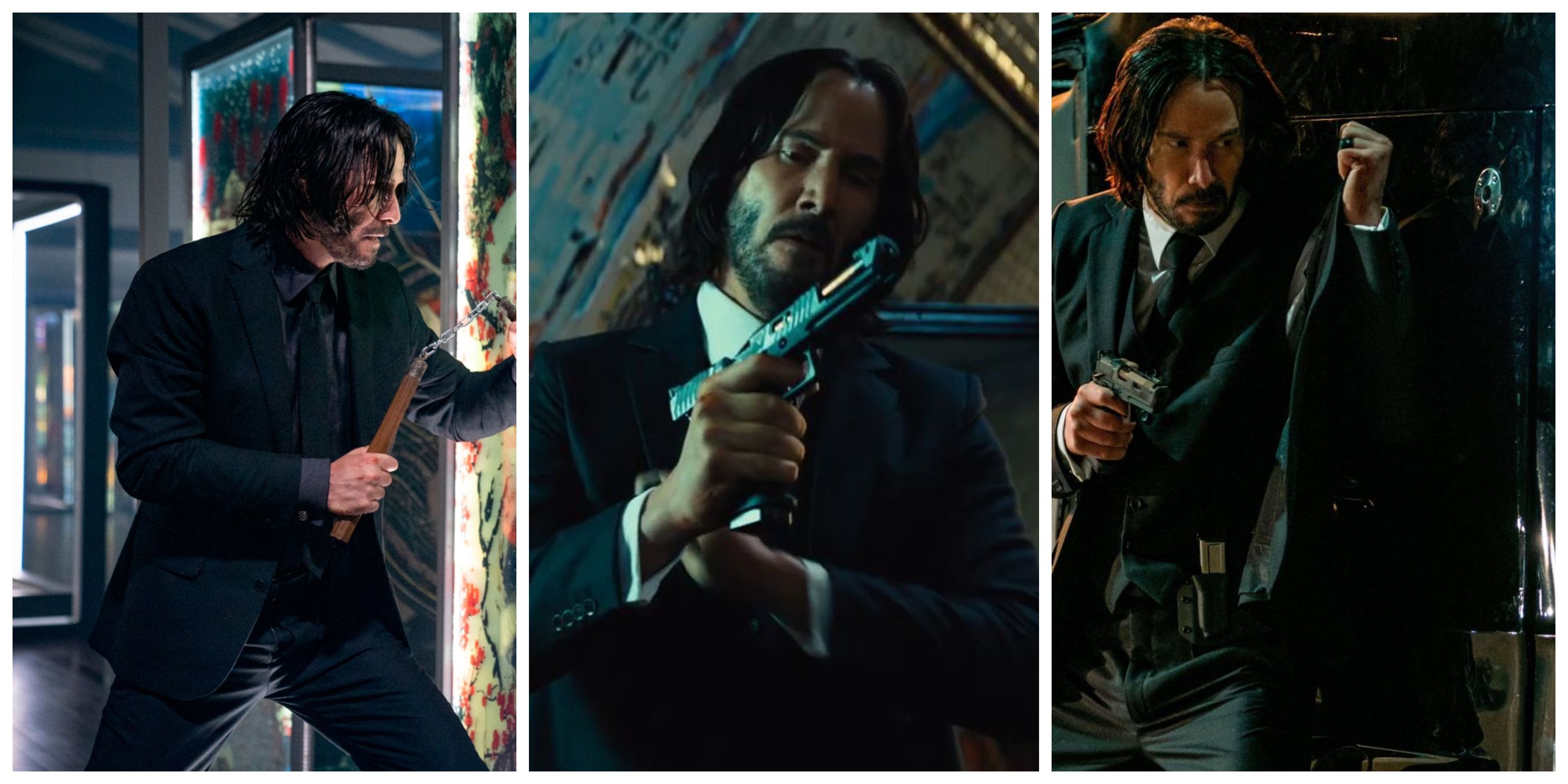 john wick with nunchucks, john wick with a gun, john wick using his bulletproof suit