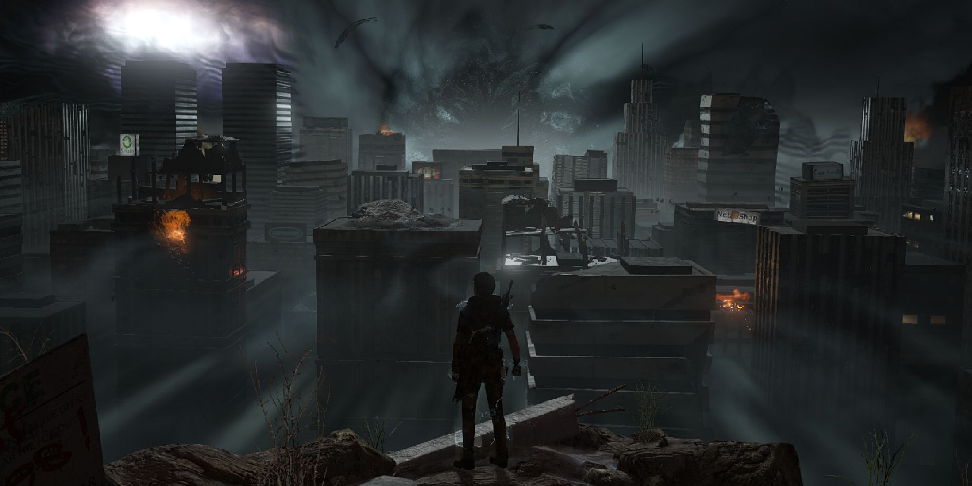 A zoomed-out wide shot showing a city thrust deep into disaster, a large amorphous blackness lurking on the hoirzon.