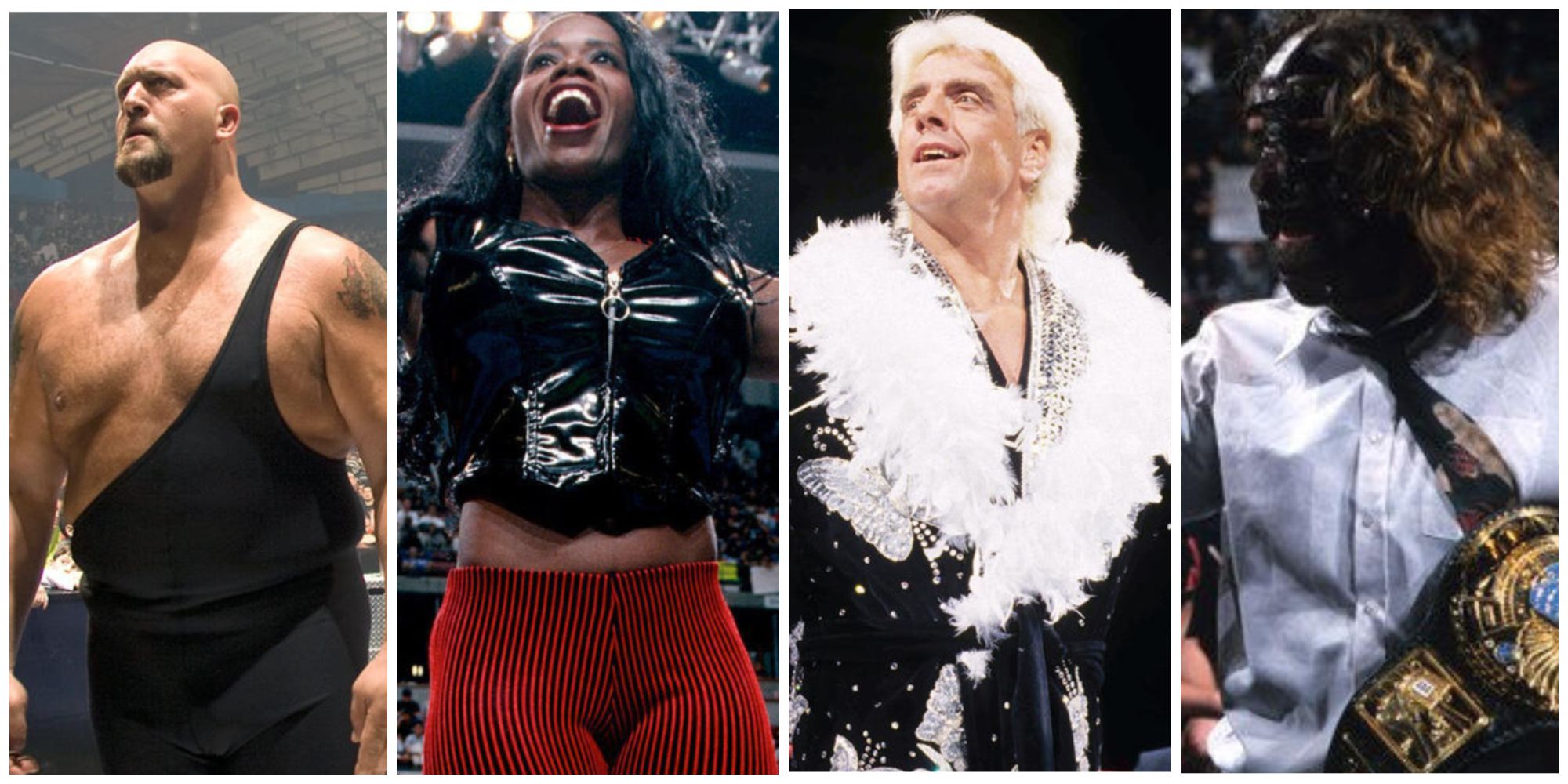 WWE superstars Big Show, Jacqueline, Ric Flair, and Mankind side by side