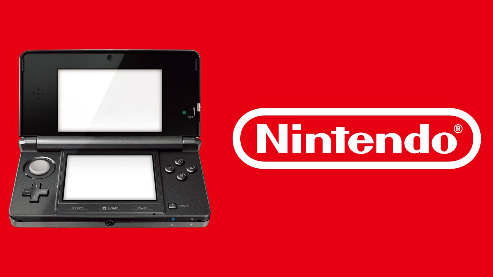 black 3ds next to the nintendo logo on a red background