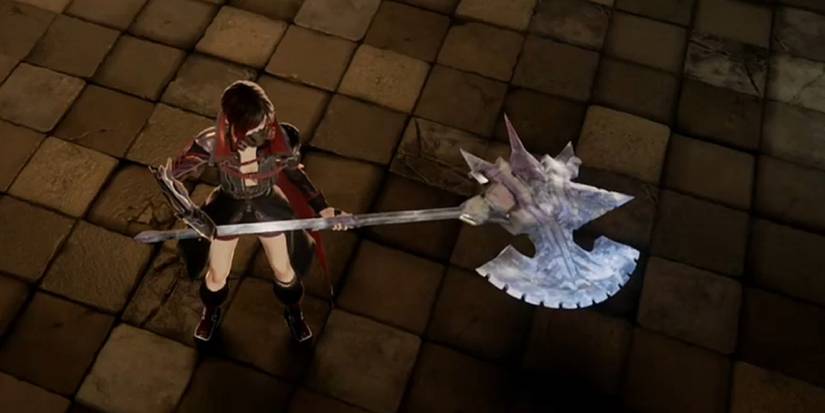 Wielding the Blood Mist Halberd in Code Vein.