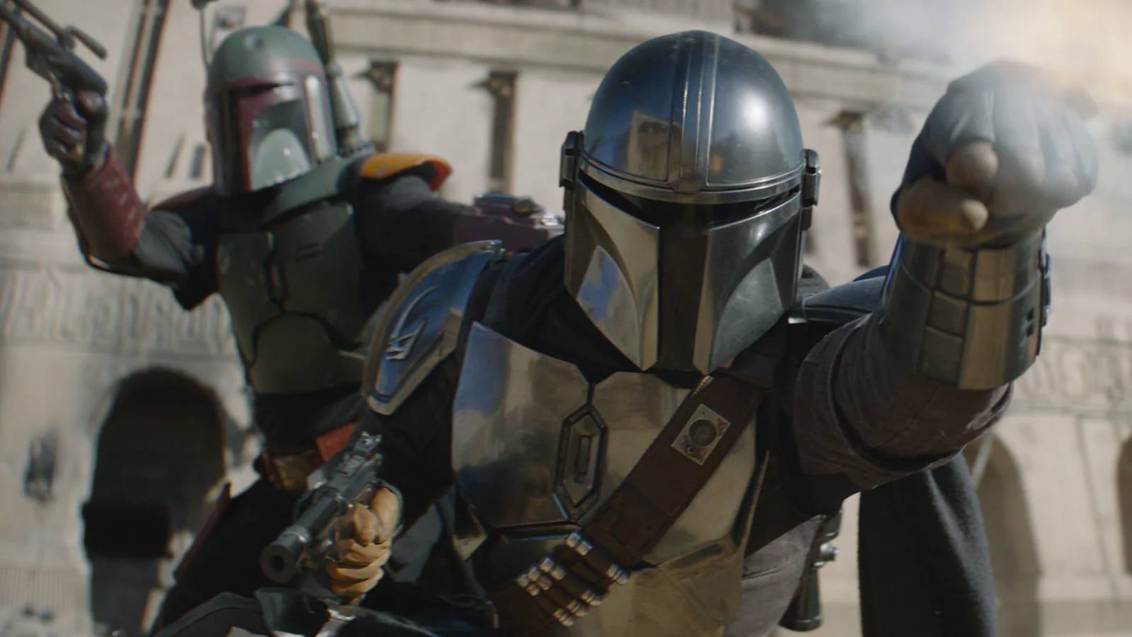 The Mandalorian Din Djarin shooting in The Book of Boba Fett finale