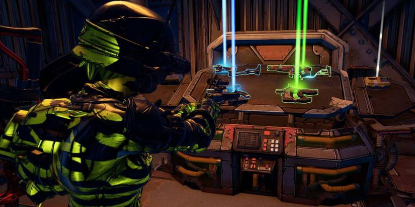 A player looking at a box with guns in it in Borderlands 3