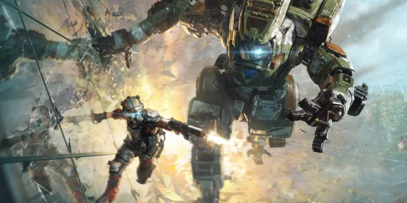 Titanfall 2's BT-7274 following his pilot Jack Cooper along a glass wall