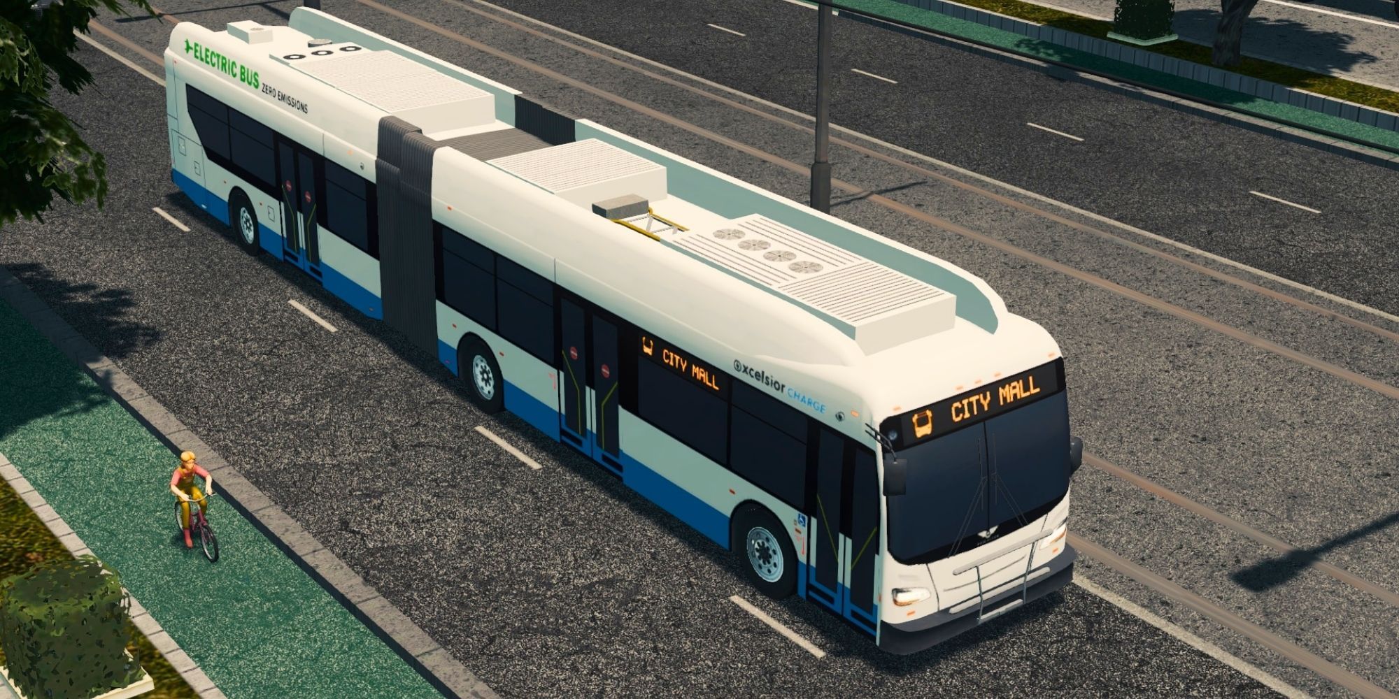 Electric bus in Cities Skylines with City Hall writing 
