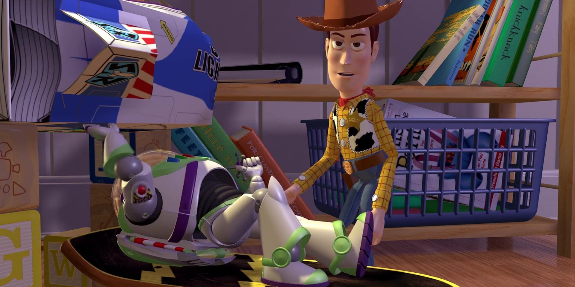 Buzz, his box, and Woody in Toy Story