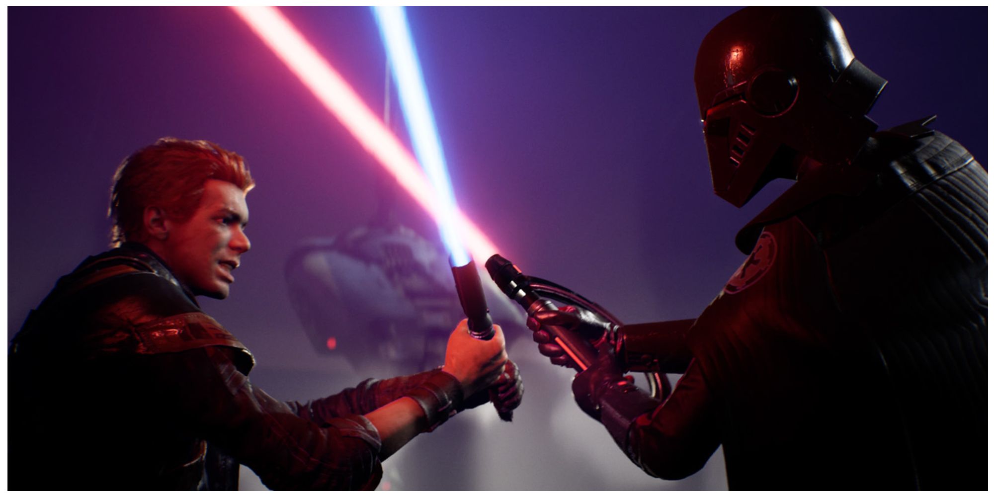 Cal Kestis and Second Sister Trilla from Star Wars Jedi: Fallen Order engaged in a lightsaber duel