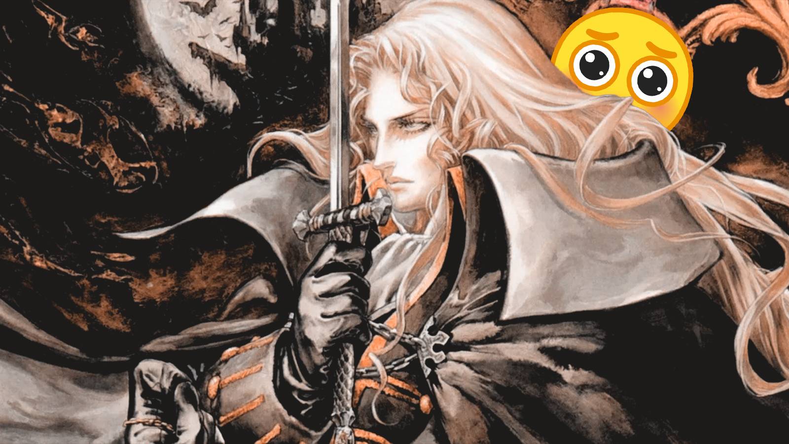 Castlevania Symphony of the Night Pleading Face emoji behind Alucard