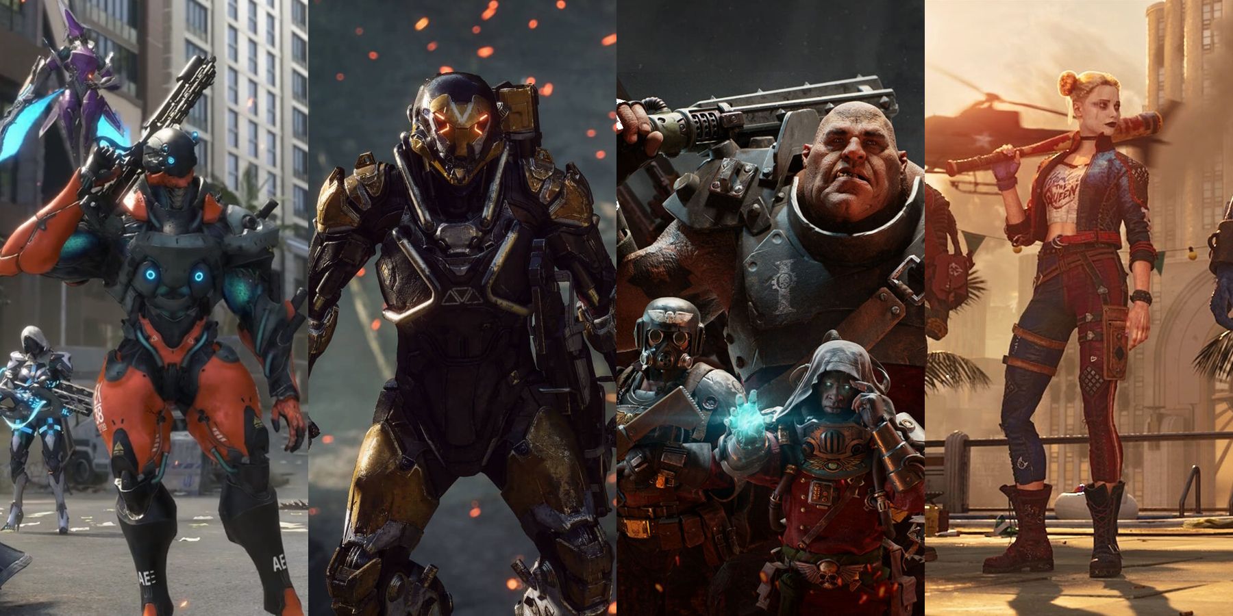 Characters from live-service games Exoprimal, Anthem, Warhammer 40k Darktide, and Suicide Squad: Kill the Justice League