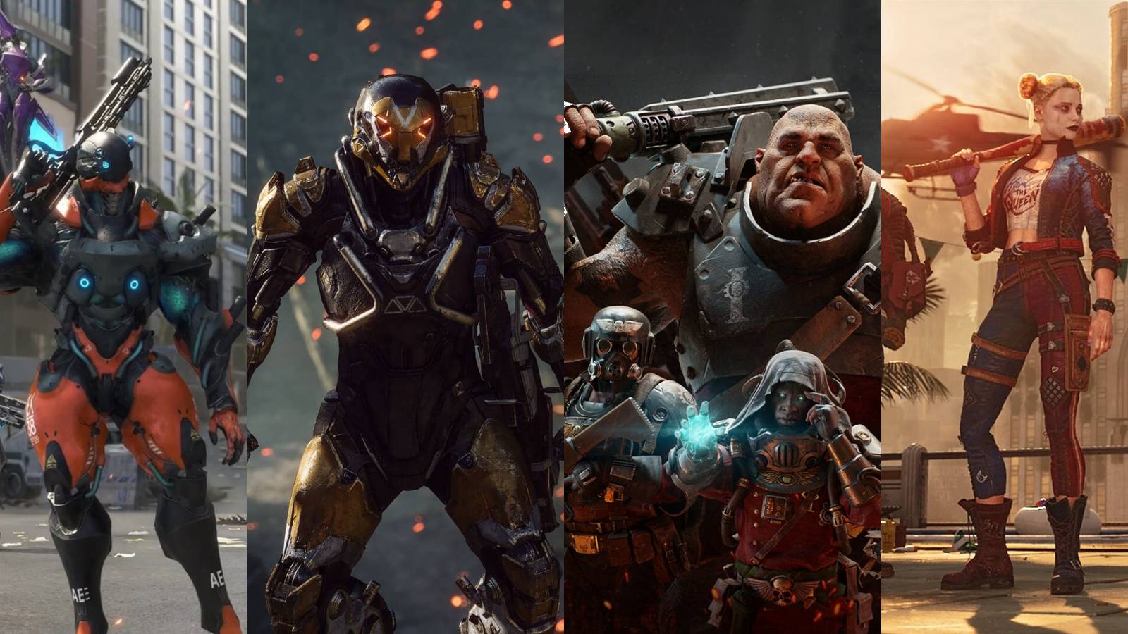 Characters from live-service games Exoprimal, Anthem, Warhammer 40k Darktide, and Suicide Squad: Kill the Justice League