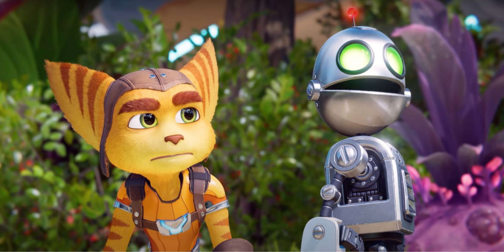 Ratchet and Clank side by side looking into the distance. There are bushes in the background and a purple plant.