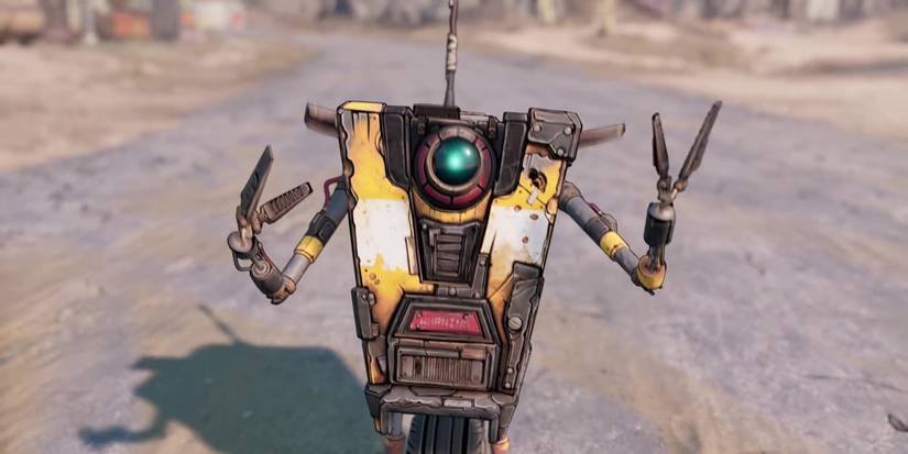 CL4P-TP (Claptrap) from Borderlands. He is standing in the middle of a deserted road with both of his hands up as if guiding what he is saying.